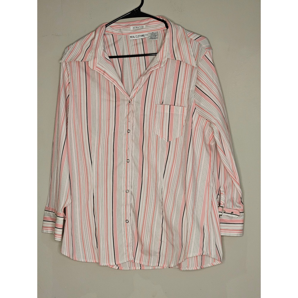 Real Clothing Co Women's Striped Button Down Shirt Pink Black White‎ 2X